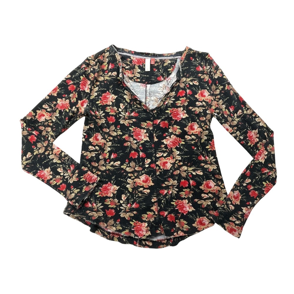 Anthropologie Pilcro Floral Thermal Top XS Black Rose Waffle Knit Split Neck